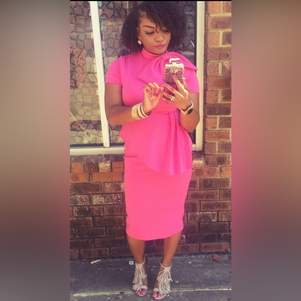 Women's Pink Peplum Midi Dress with Bow Neck - Picture 2 of 10